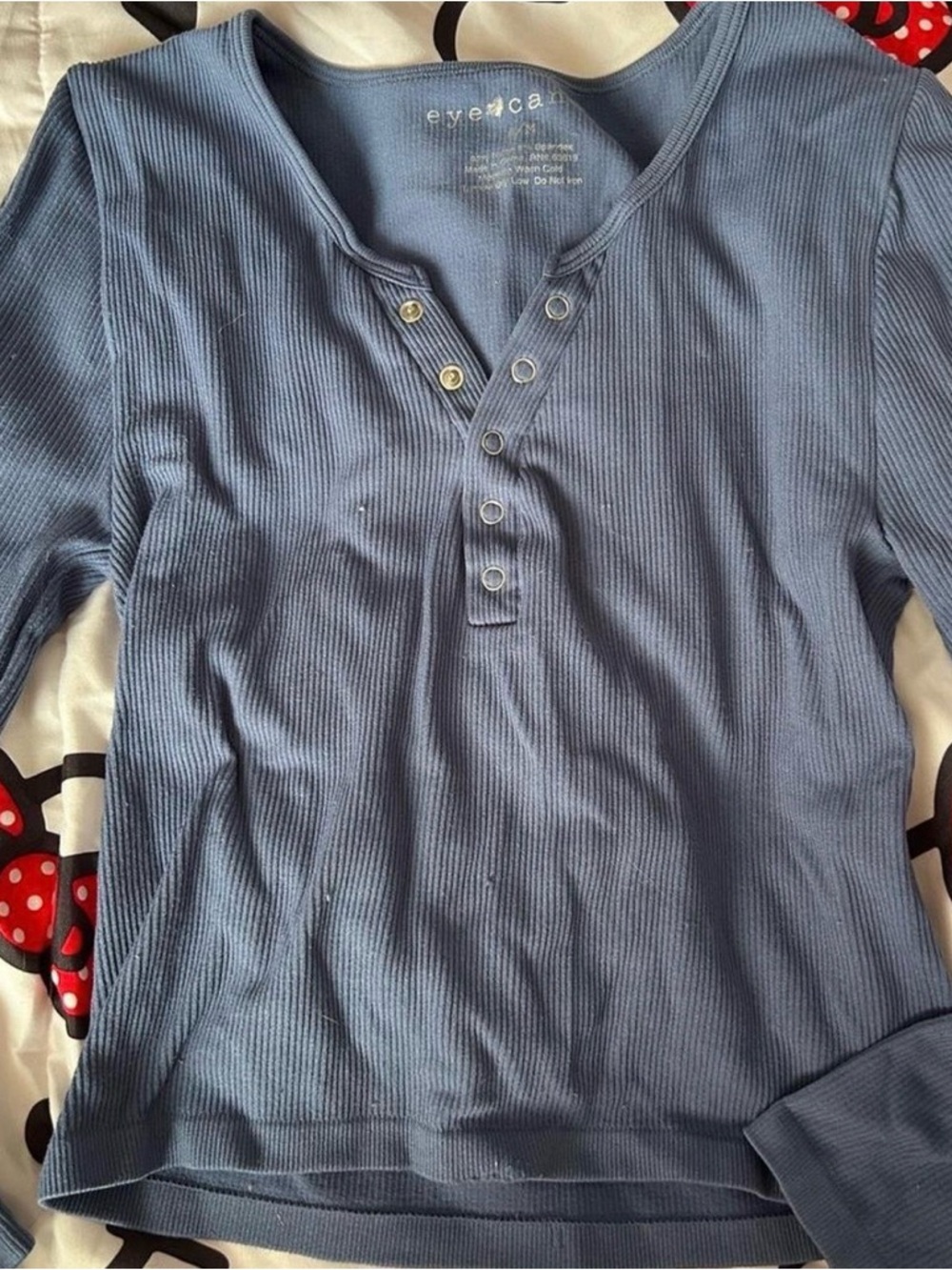 Blue Ribbed Henley Long Sleeve Top